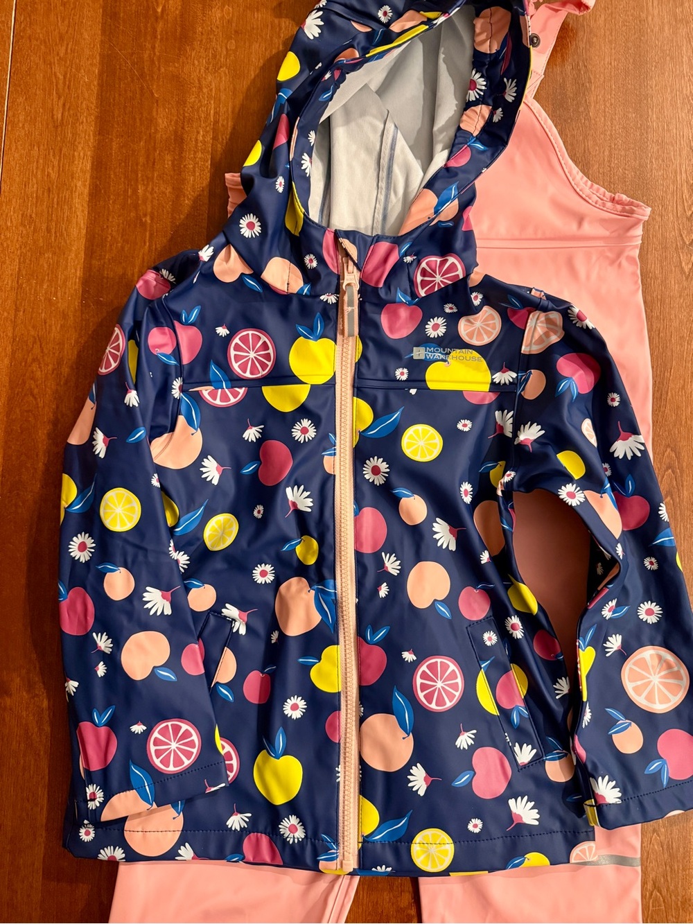 Navy Fruit-Print Hooded Raincoat with Pink Trim